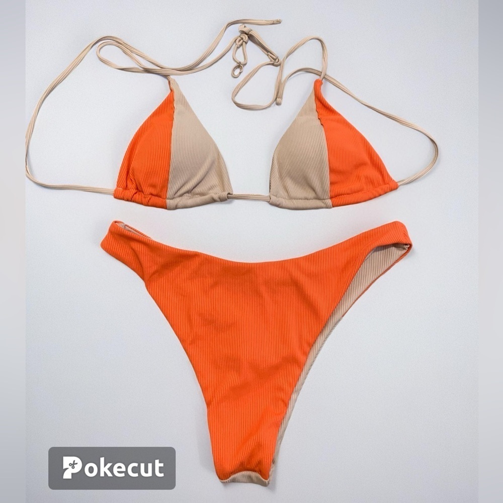 💜 Zaful Ribbed Orange and Tan Color-Block Bikini Set - Size Small